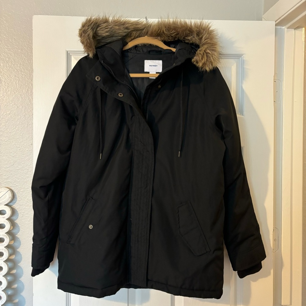 Old Navy Parka Jacket Black with Faux Fur Hood Zip Up Size Medium